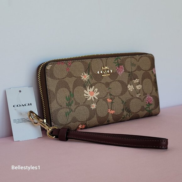 COACH Signature Canvas With Wildflower Print Zip-Around Wallet/Wristlet-Khaki M - Picture 7 of 16